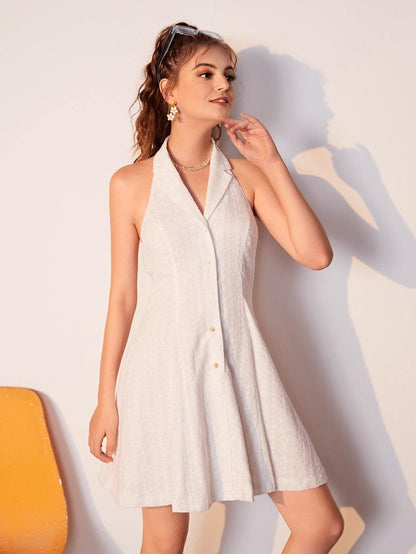 White Sleeveless Single Breasted Eyelet Schiffy Halter Dress