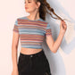 Round Neck Striped Print Crop Top