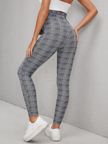 Black White Houndstooth Print Paperbag Waist Belted Skinny Pants