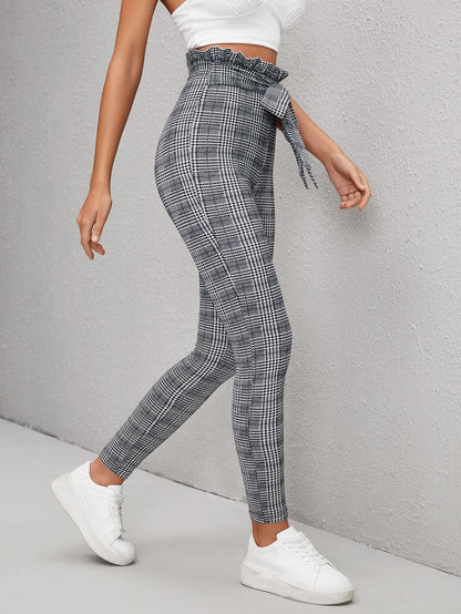 Black White Houndstooth Print Paperbag Waist Belted Skinny Pants