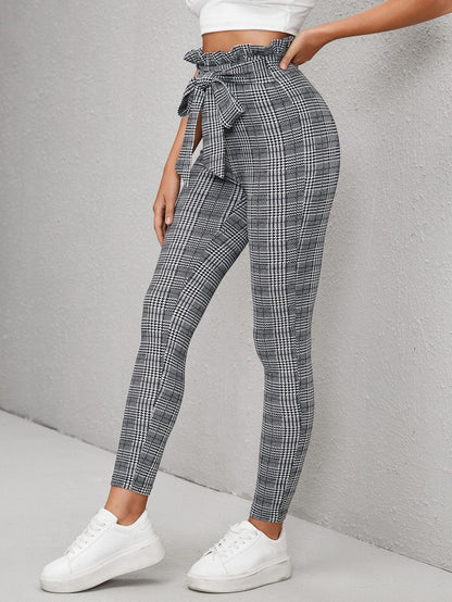 Black White Houndstooth Print Paperbag Waist Belted Skinny Pants