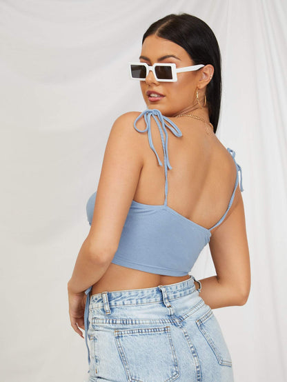 Blue Spaghetti Strap Sleeveless Drawstring Hem Tie Shoulder Cami Top