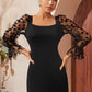 Black Dobby Mesh Flounce Sleeve Square Neck Fitted Dress