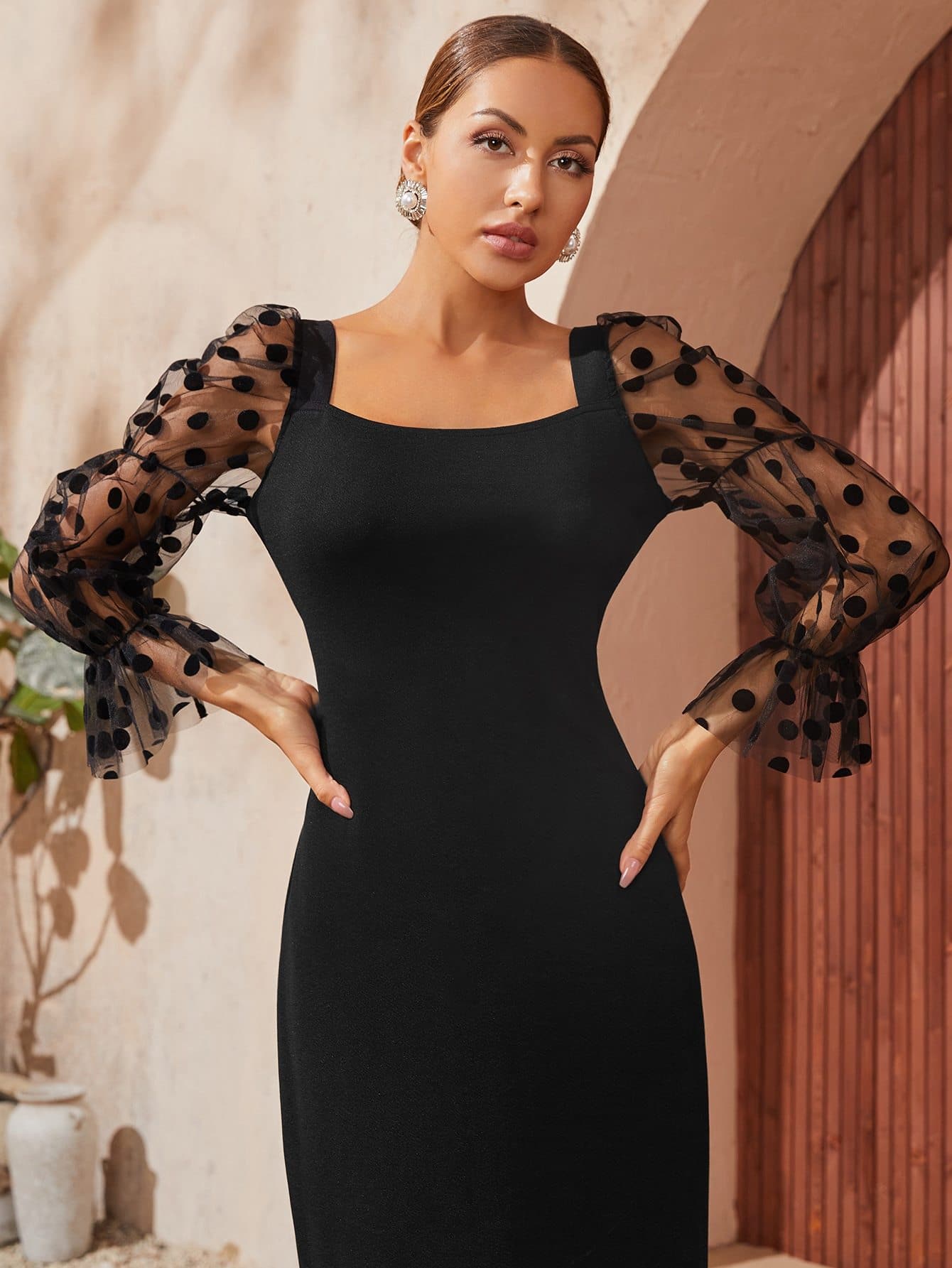 Black Dobby Mesh Flounce Sleeve Square Neck Fitted Dress