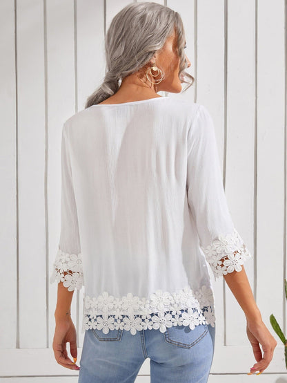 White Contrast Guipure Lace Tie Neck Tassel Blouse Top