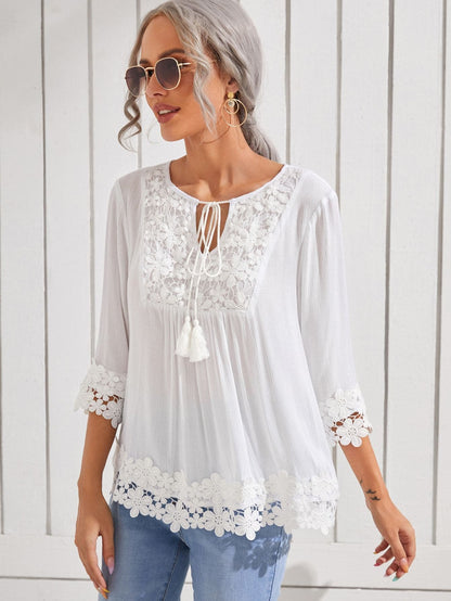 White Contrast Guipure Lace Tie Neck Tassel Blouse Top