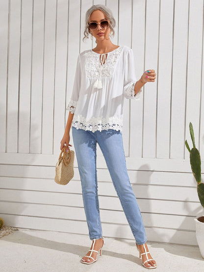 White Contrast Guipure Lace Tie Neck Tassel Blouse Top