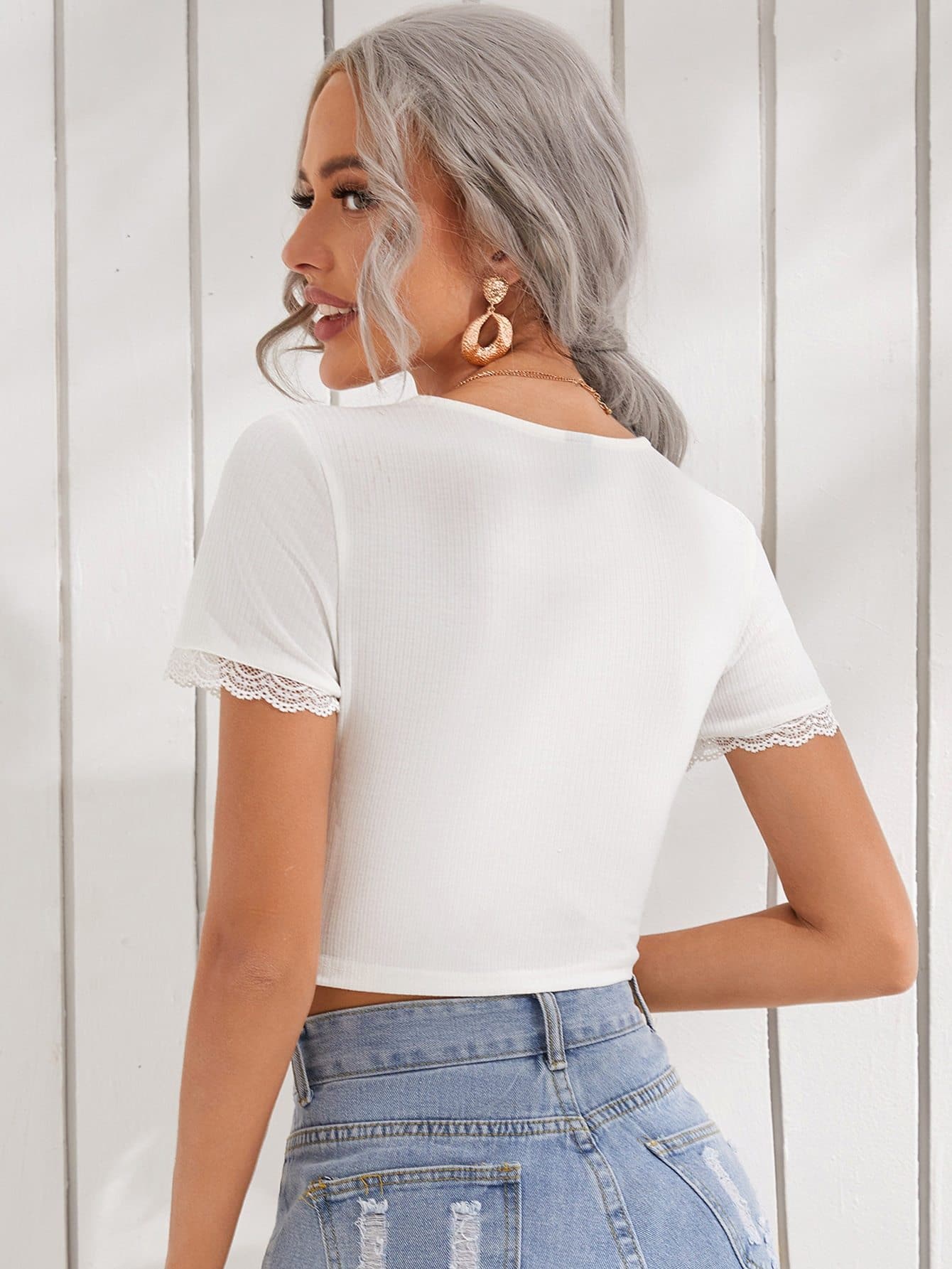 White Contrast Lace V-Neck Ribbed Guipure Lace Trim Crop Top