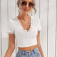White Contrast Lace V-Neck Ribbed Guipure Lace Trim Crop Top