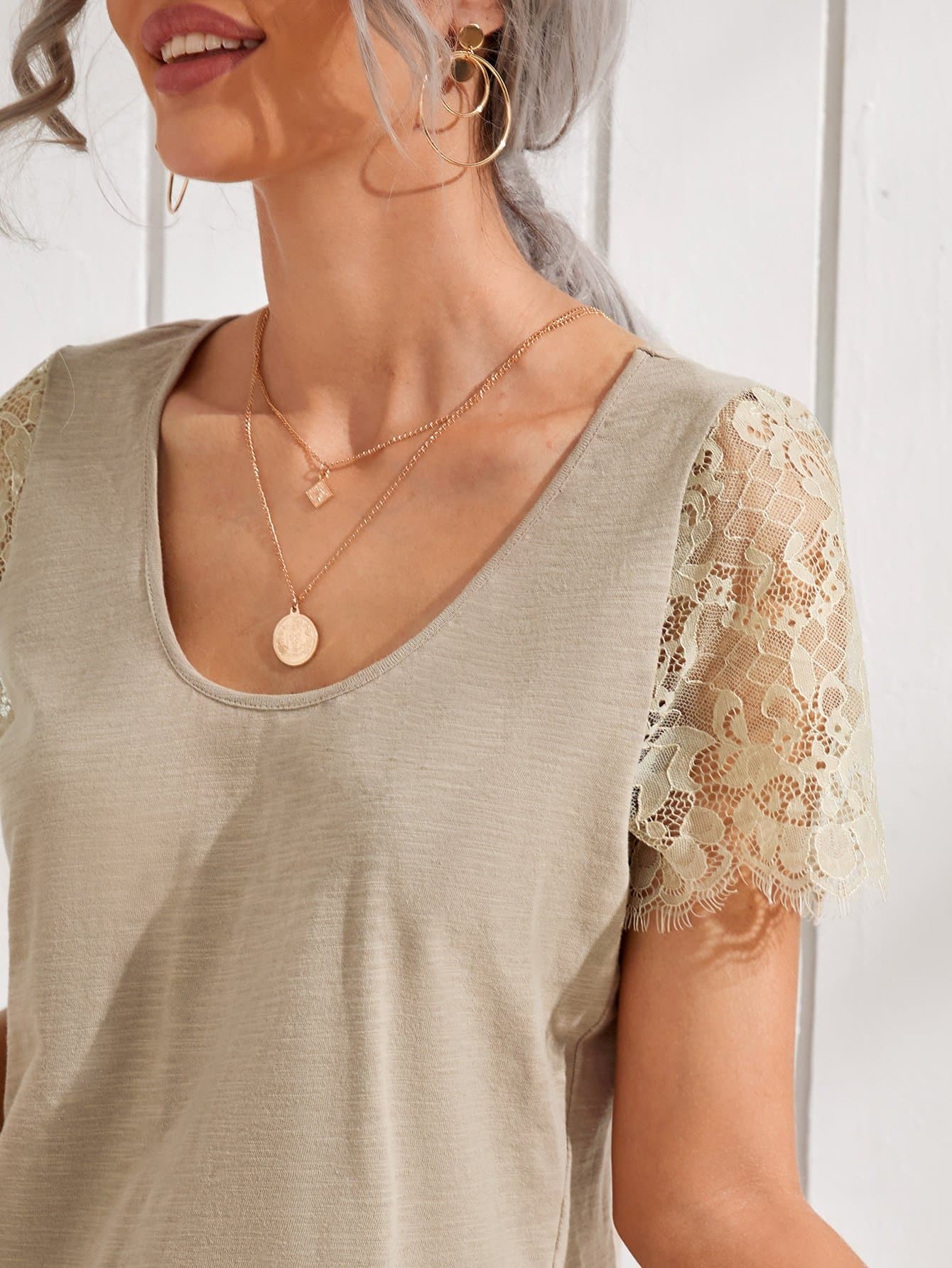 Scoop Neck Lace Sleeve Top