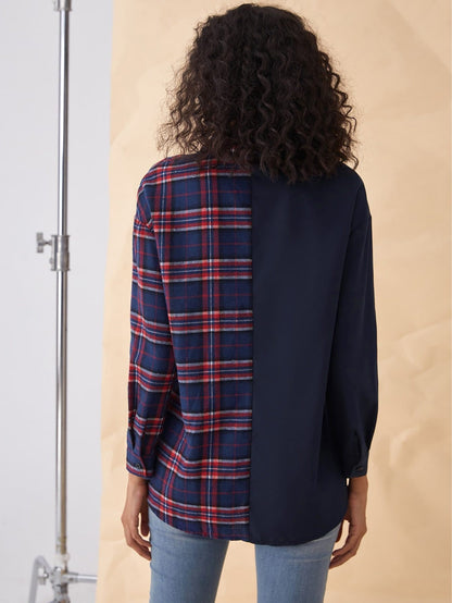 Drop Shoulder Plaid Panel Button Front Top Shirt