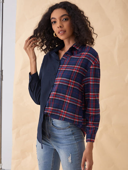 Drop Shoulder Plaid Panel Button Front Top Shirt