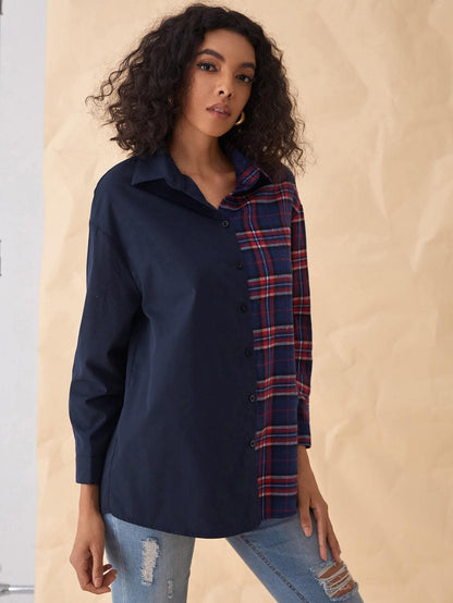 Drop Shoulder Plaid Panel Button Front Top Shirt