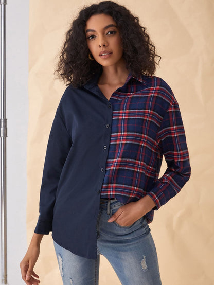 Drop Shoulder Plaid Panel Button Front Top Shirt