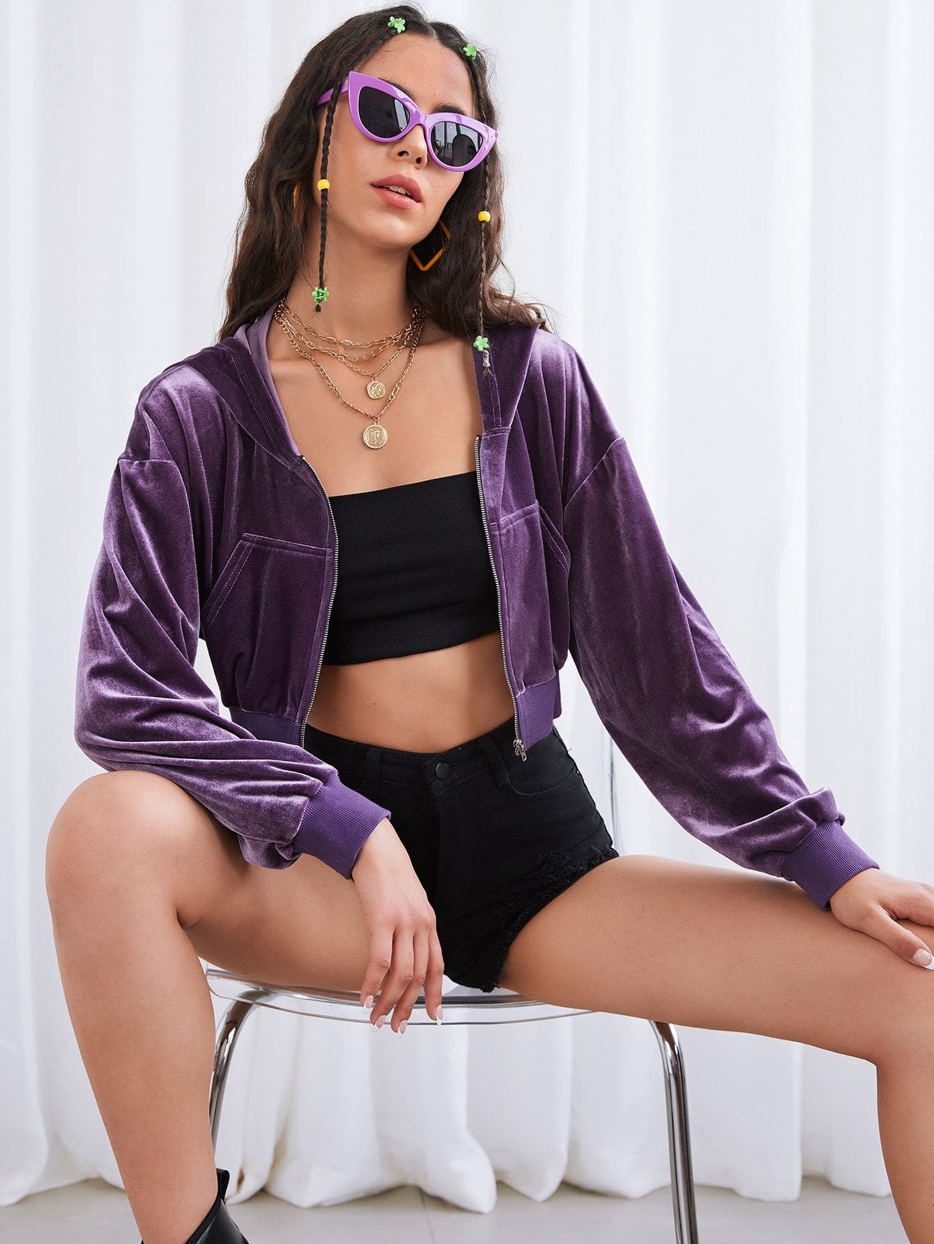 Violet Purple Drop Shoulder Zip Front Hooded Velvet Jacket