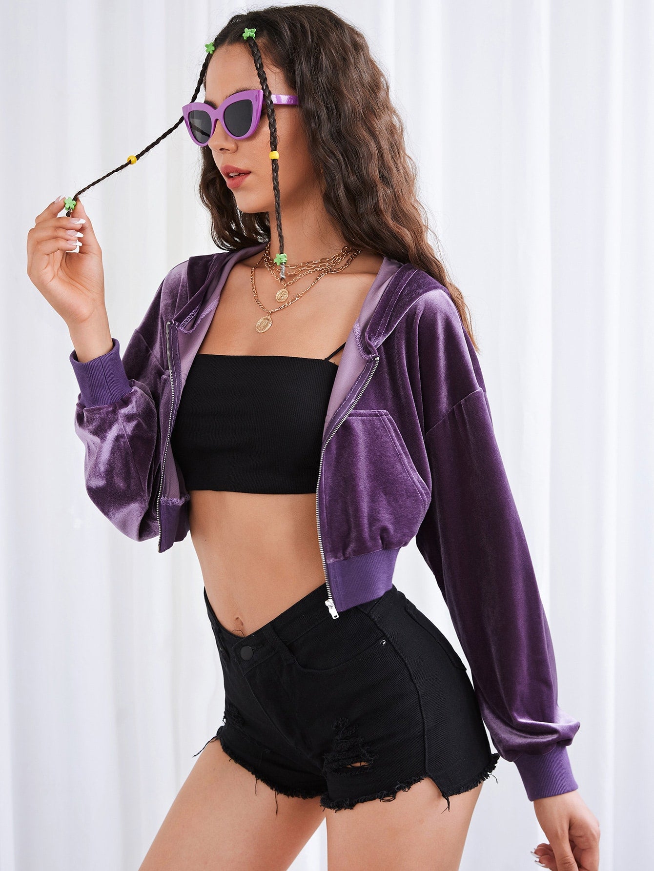 Violet Purple Drop Shoulder Zip Front Hooded Velvet Jacket