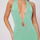 Mint Green Sleeveless Plunging Halter Cutout Slit Midi Slim Fit Dress