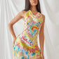 Sleeveless Backless Tie Dye Cowl Neck Fitted Dress