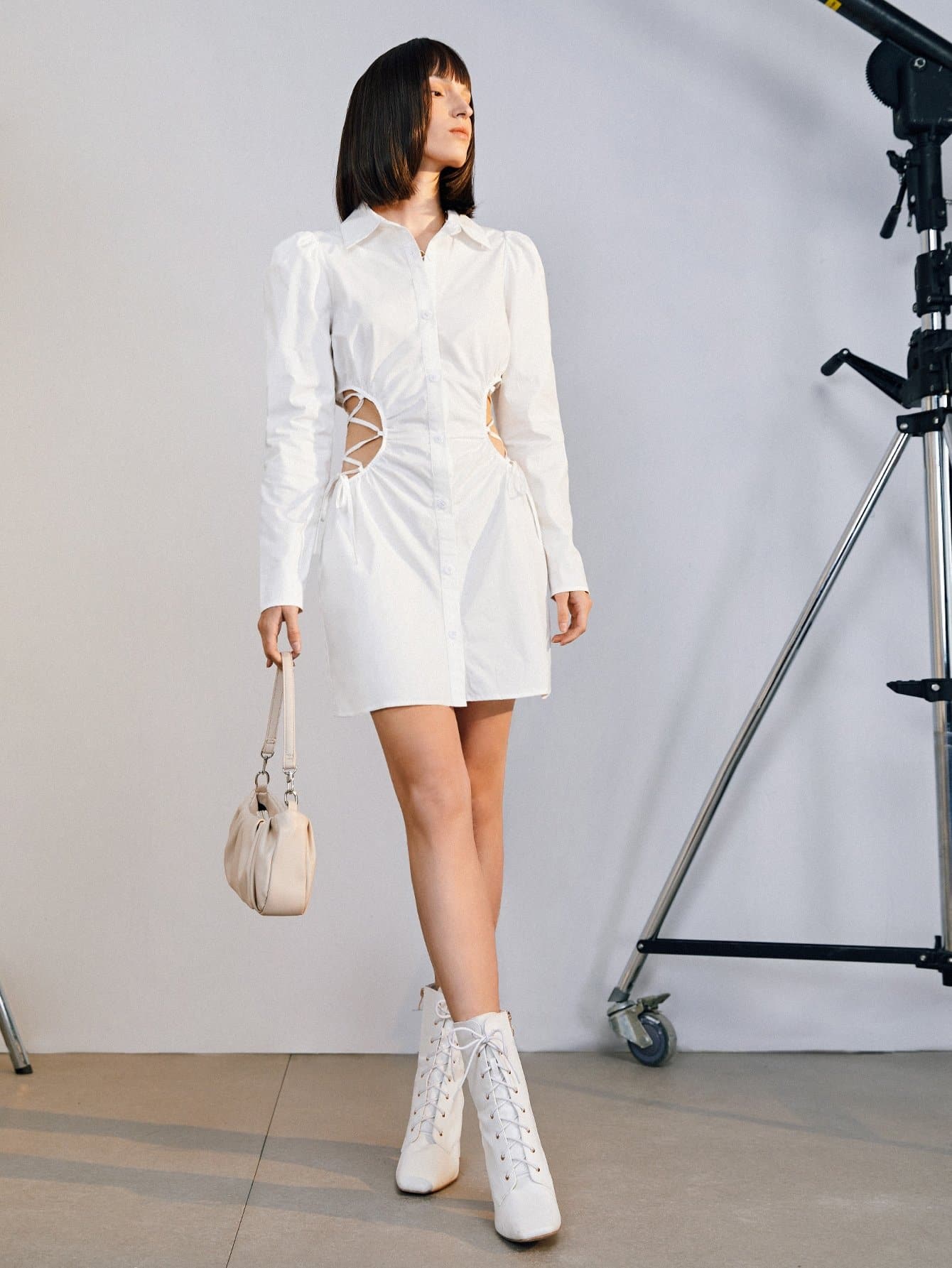 White Button Front Lace Up Side Short Shirt Dress