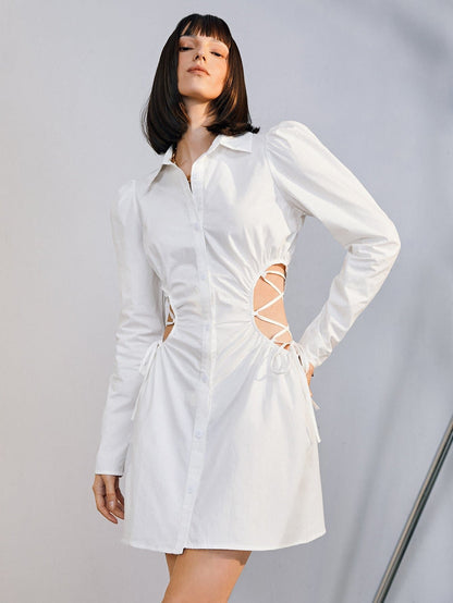 White Button Front Lace Up Side Short Shirt Dress