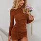 Brown Round Neck Ribbed Ruched Drawstring Hem Slim Fit Dress