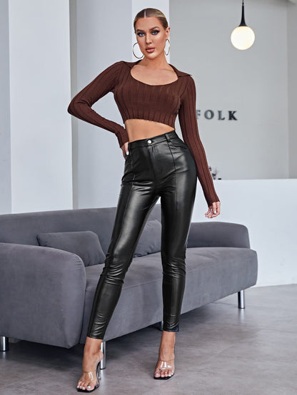 Brown Scoop Neck Frill Rib-knit Crop Sweater Top