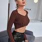 Brown Scoop Neck Frill Rib-knit Crop Sweater Top