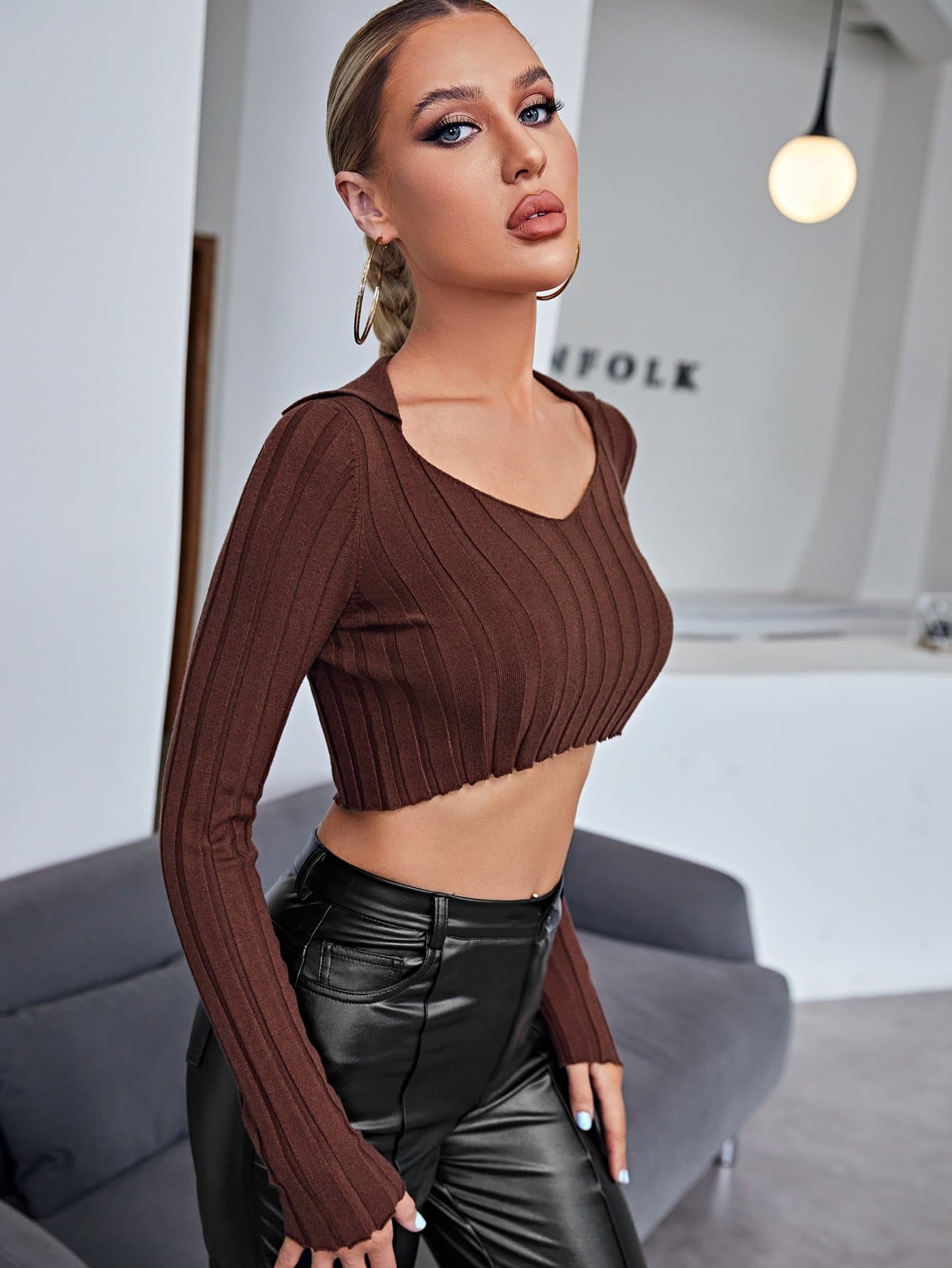 Brown Scoop Neck Frill Rib-knit Crop Sweater Top