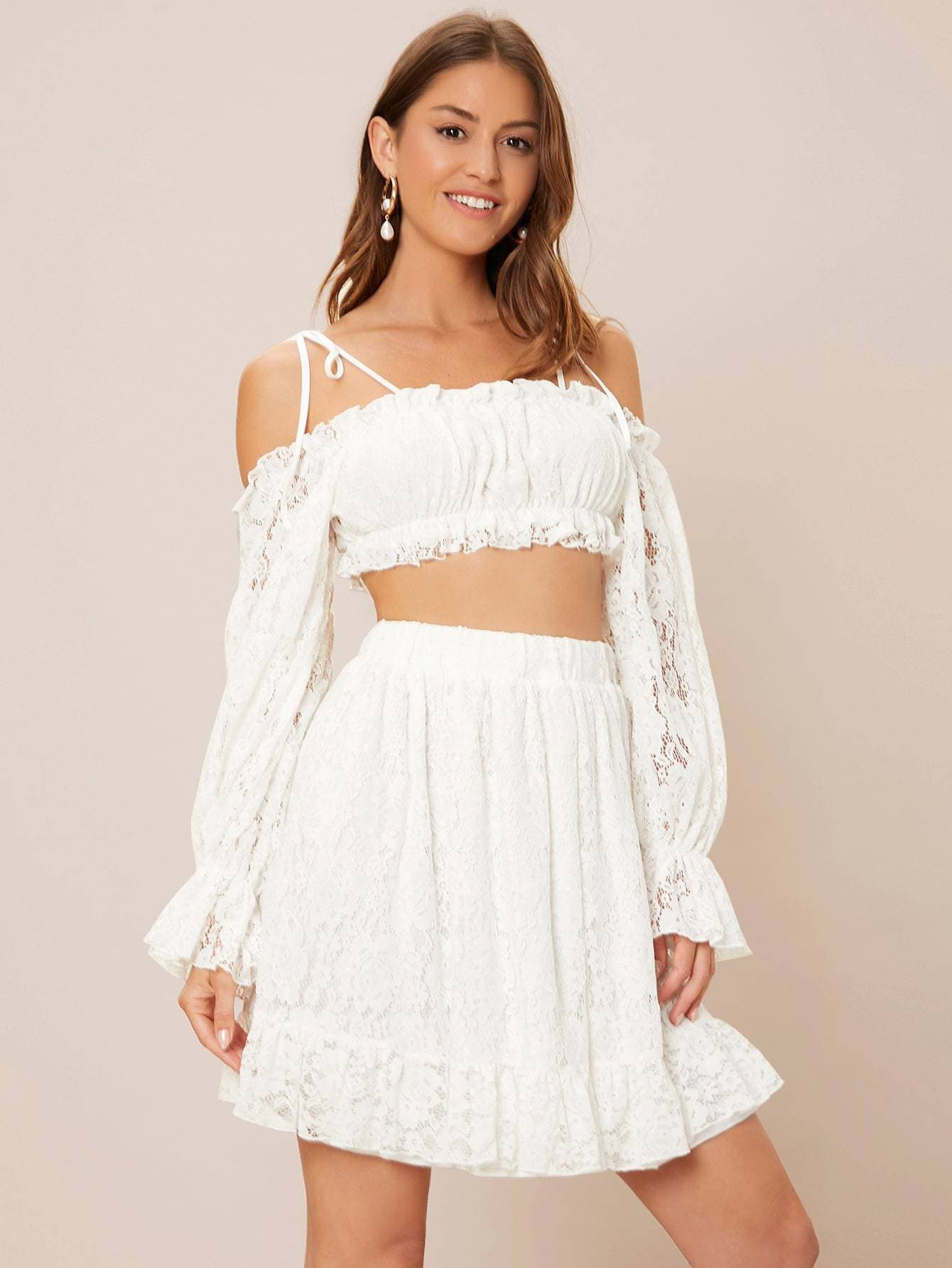 White Knot Cold Shoulder Flounce Sleeve Crop Lace Top and Skirt