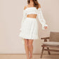 White Knot Cold Shoulder Flounce Sleeve Crop Lace Top and Skirt