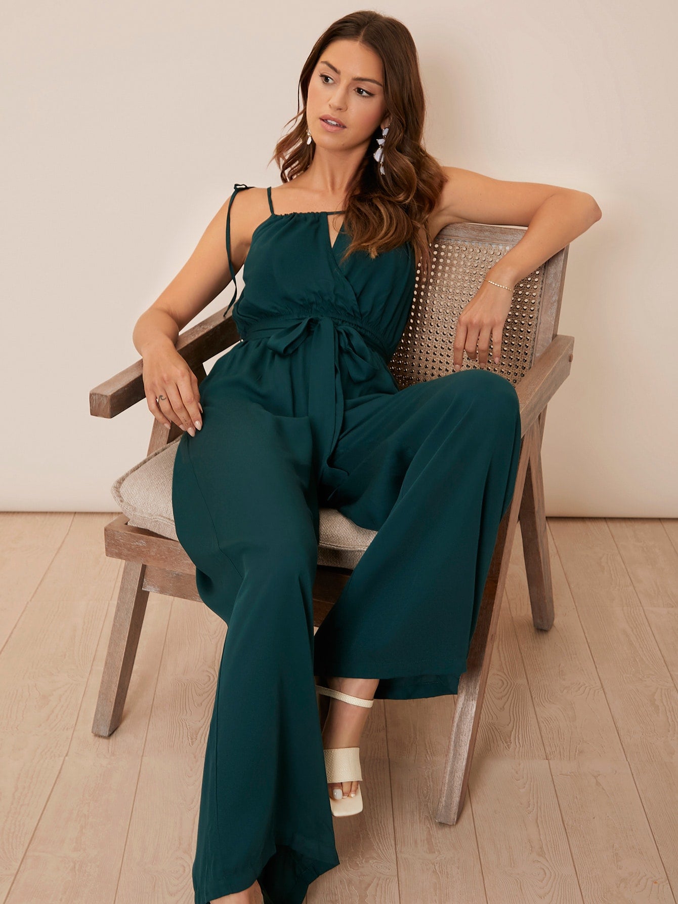 Dark Green Spaghetti Strap Sleeveless Knot Shoulder Belted Cami Jumpsuit