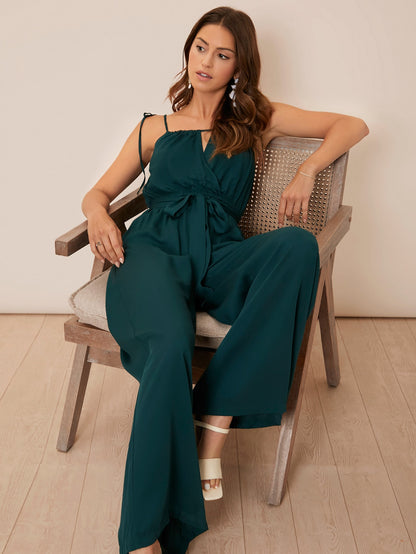 Dark Green Spaghetti Strap Sleeveless Knot Shoulder Belted Cami Jumpsuit