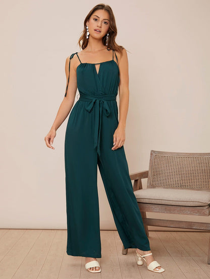 Dark Green Spaghetti Strap Sleeveless Knot Shoulder Belted Cami Jumpsuit