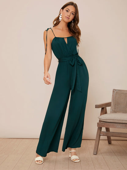 Dark Green Spaghetti Strap Sleeveless Knot Shoulder Belted Cami Jumpsuit