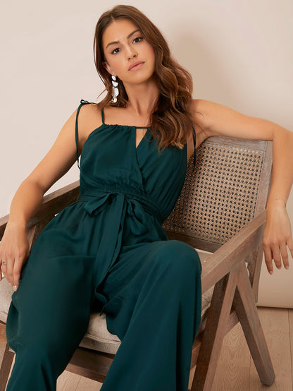 Dark Green Spaghetti Strap Sleeveless Knot Shoulder Belted Cami Jumpsuit