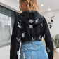 Black Butterfly Print Zip Up Windbreaker Hooded Jacket