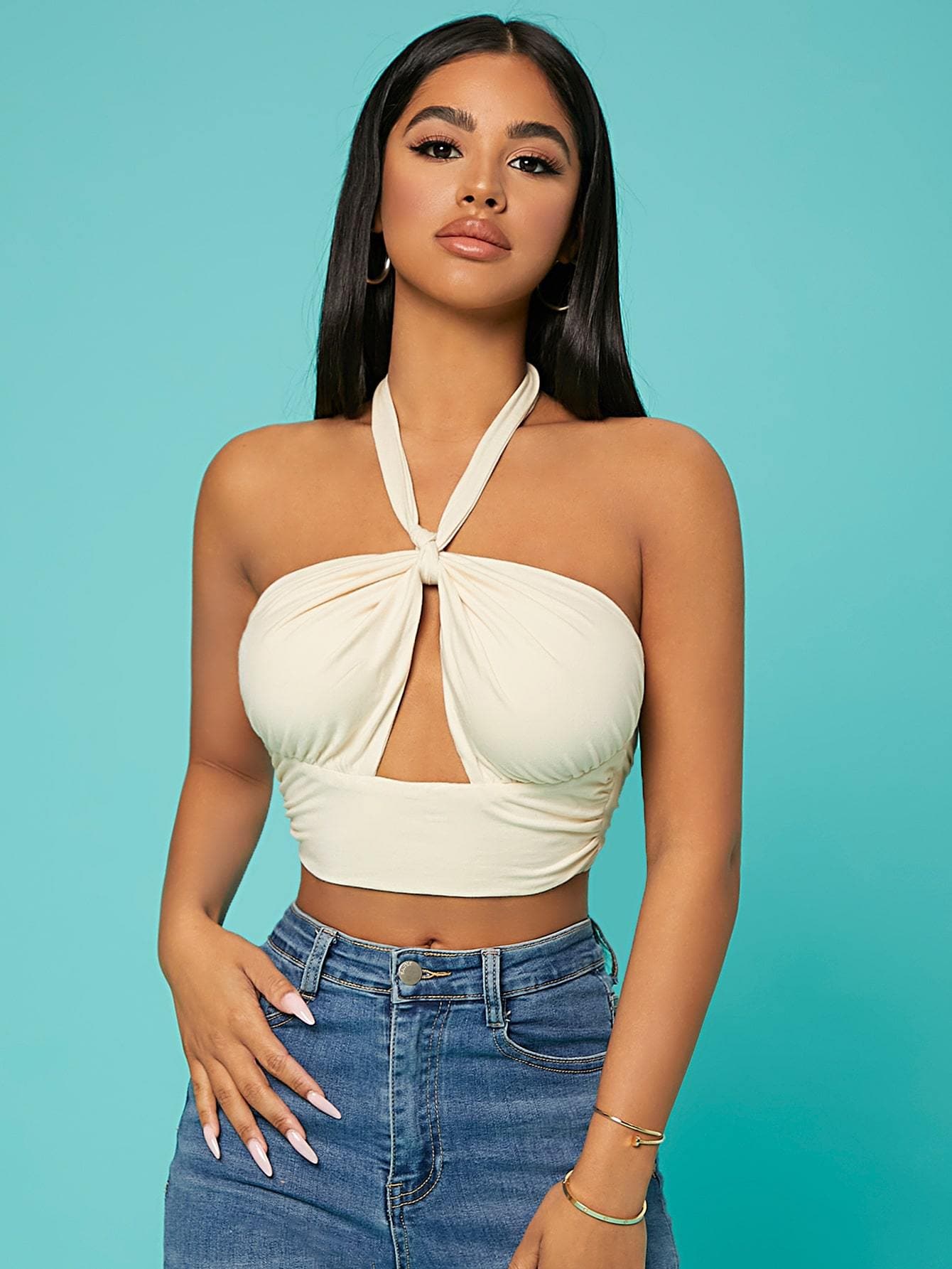 Sleeveless Cut Out Tie Back Halter Top