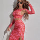 Red Boat Neck Allover Print Cut Out Crop Top and Split Thigh Skirt