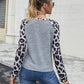 Round Neck Leopard Raglan Sleeve Patch Pocket Top