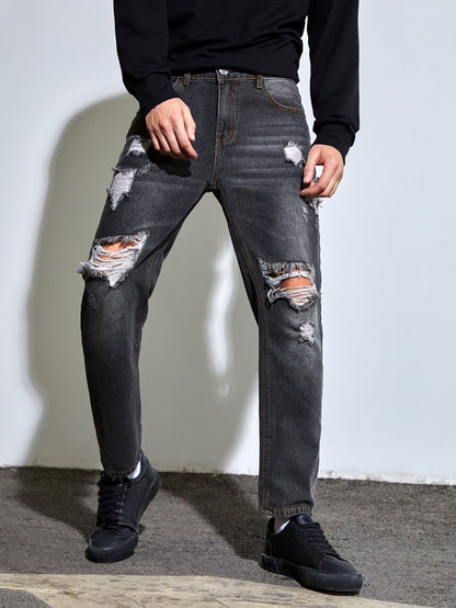 Dark Grey Ripped Frayed Slant Pocket Cat Scratch Jeans