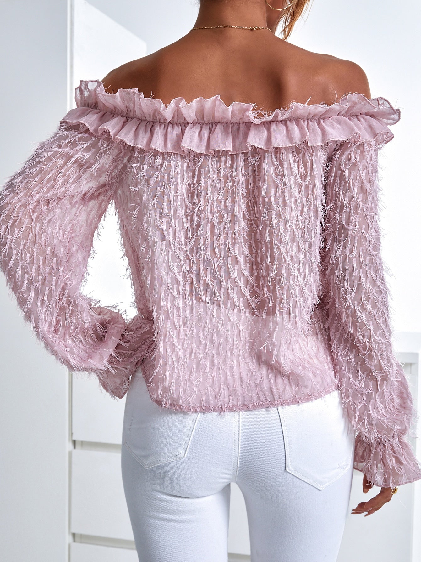 Pink Ruffle Trim Off The Shoulder Blouse Top