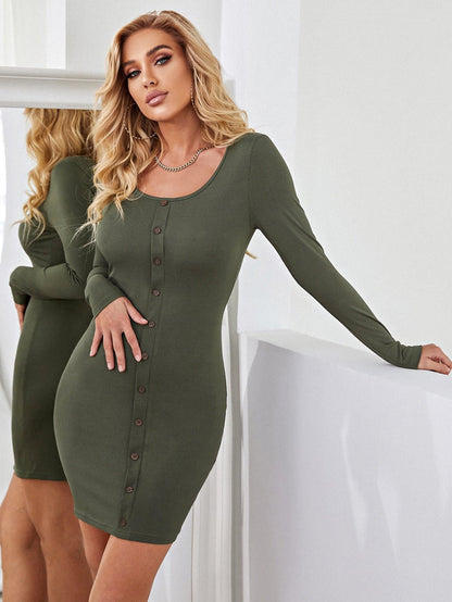 Army Green Scoop Neck Button Front Slim Fit Dress