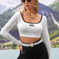 White Scoop Neck Contrast Binding Letter Graphic Rib-Knit Crop Top