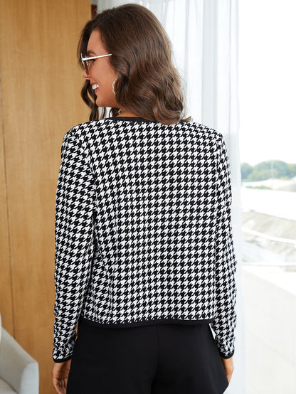 Black White Houndstooth Contrast Binding Open Front Jacket