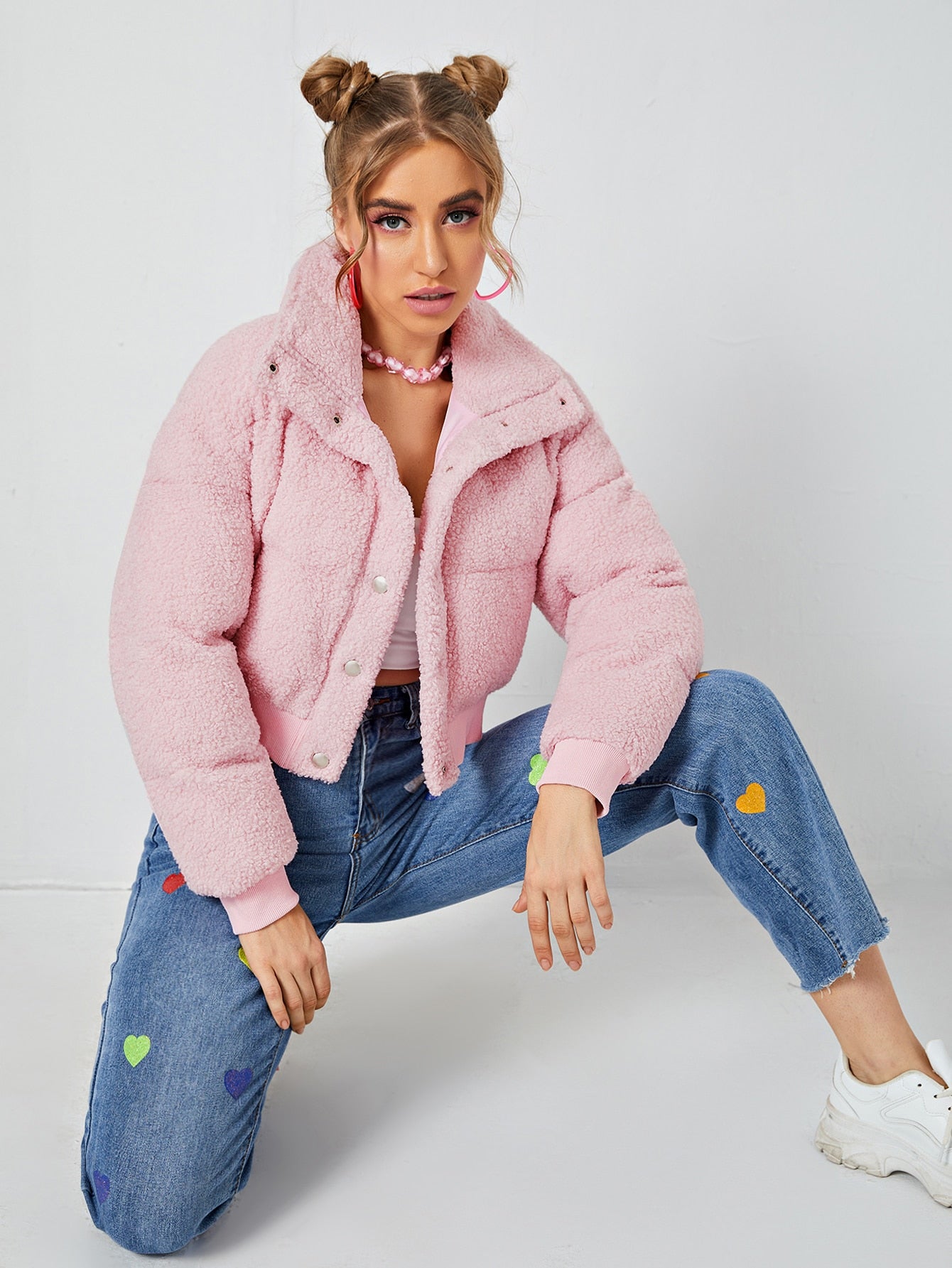 Pink Single Breasted Button Front Drop Shoulder Teddy Winter Coat