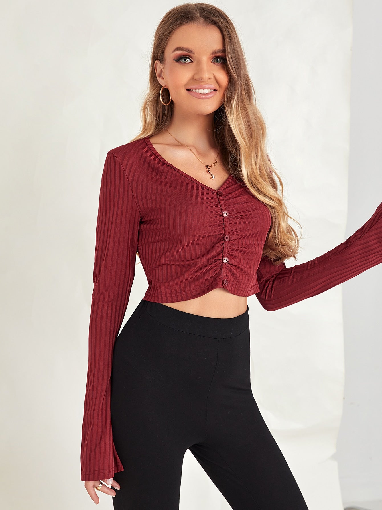 Burgundy Ruched Ribbed Knit Button Front Slim Fit Crop Top