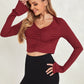 Burgundy Ruched Ribbed Knit Button Front Slim Fit Crop Top