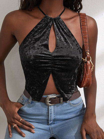 Black Ruched Bust Split Hem Crisscross Back Velvet Cami Top