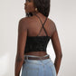 Black Ruched Bust Split Hem Crisscross Back Velvet Cami Top