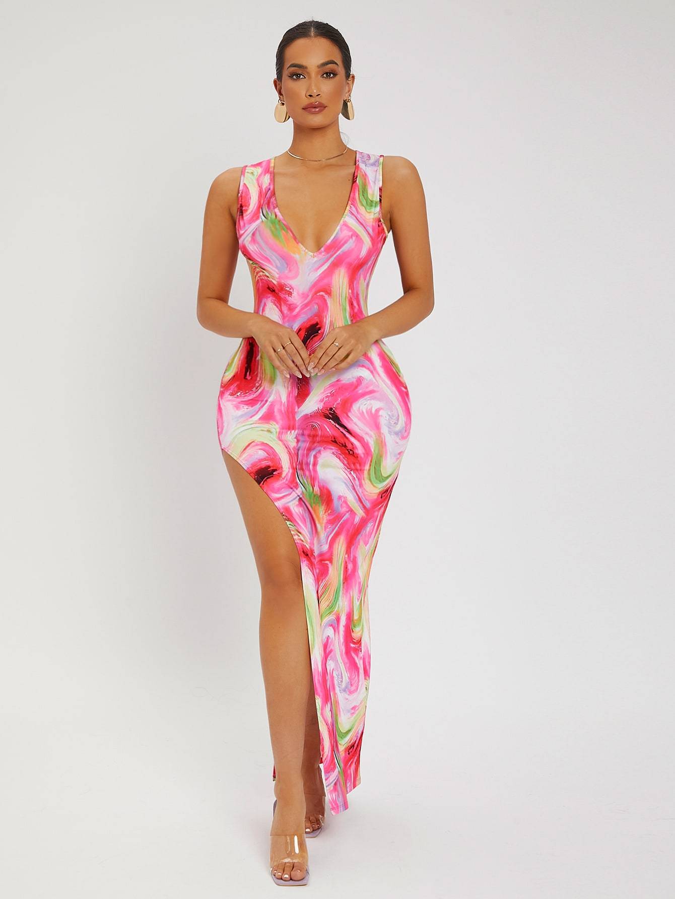 Deep V-Neck Sleeveless Marbled Print High Split Dress